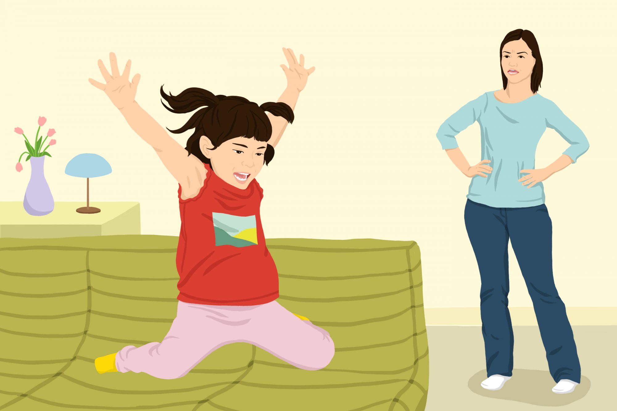 An illustration of a girl jumping up and down as the mom watches.