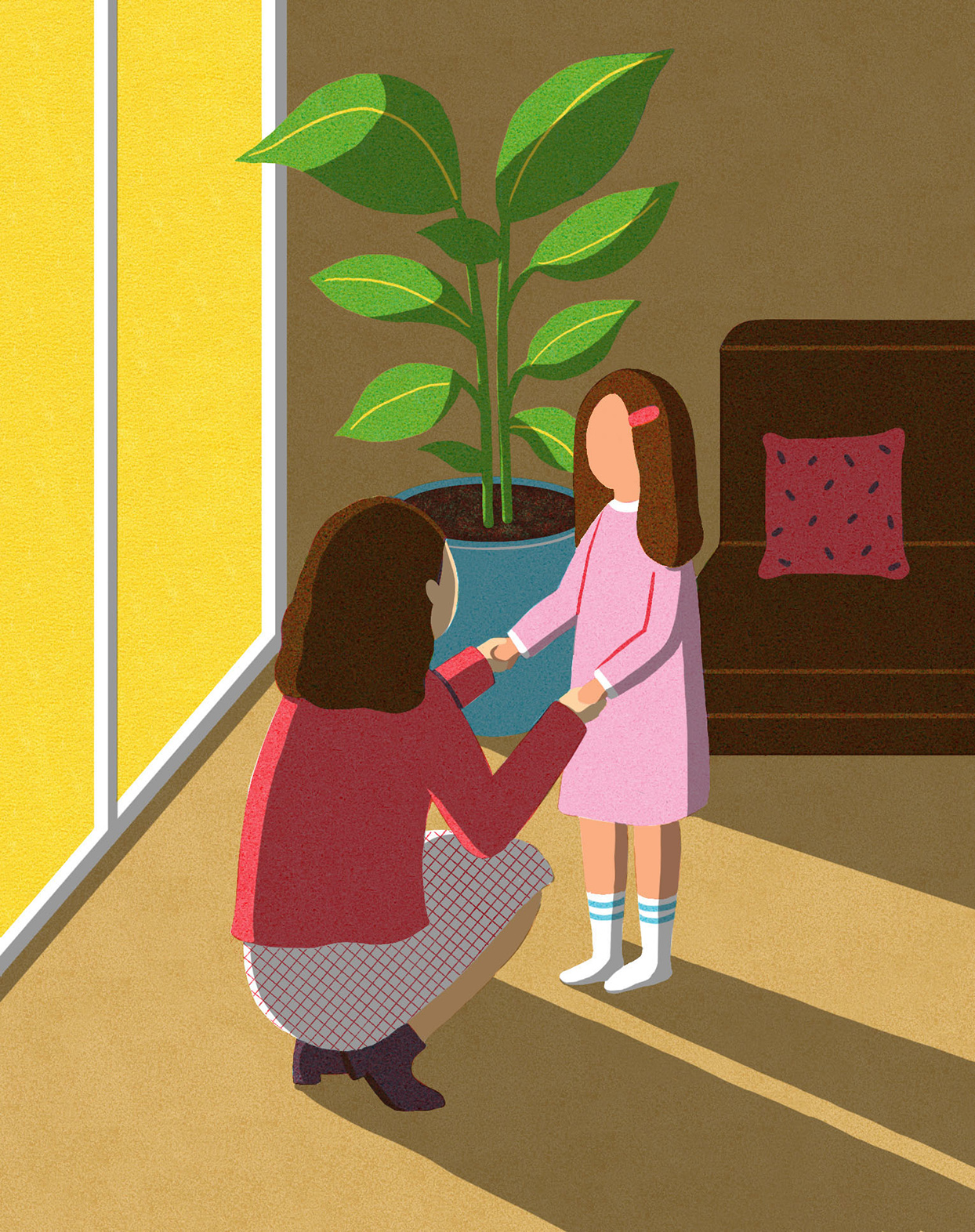 modern illustration of mother kneeling and holding daughter's hands in living room