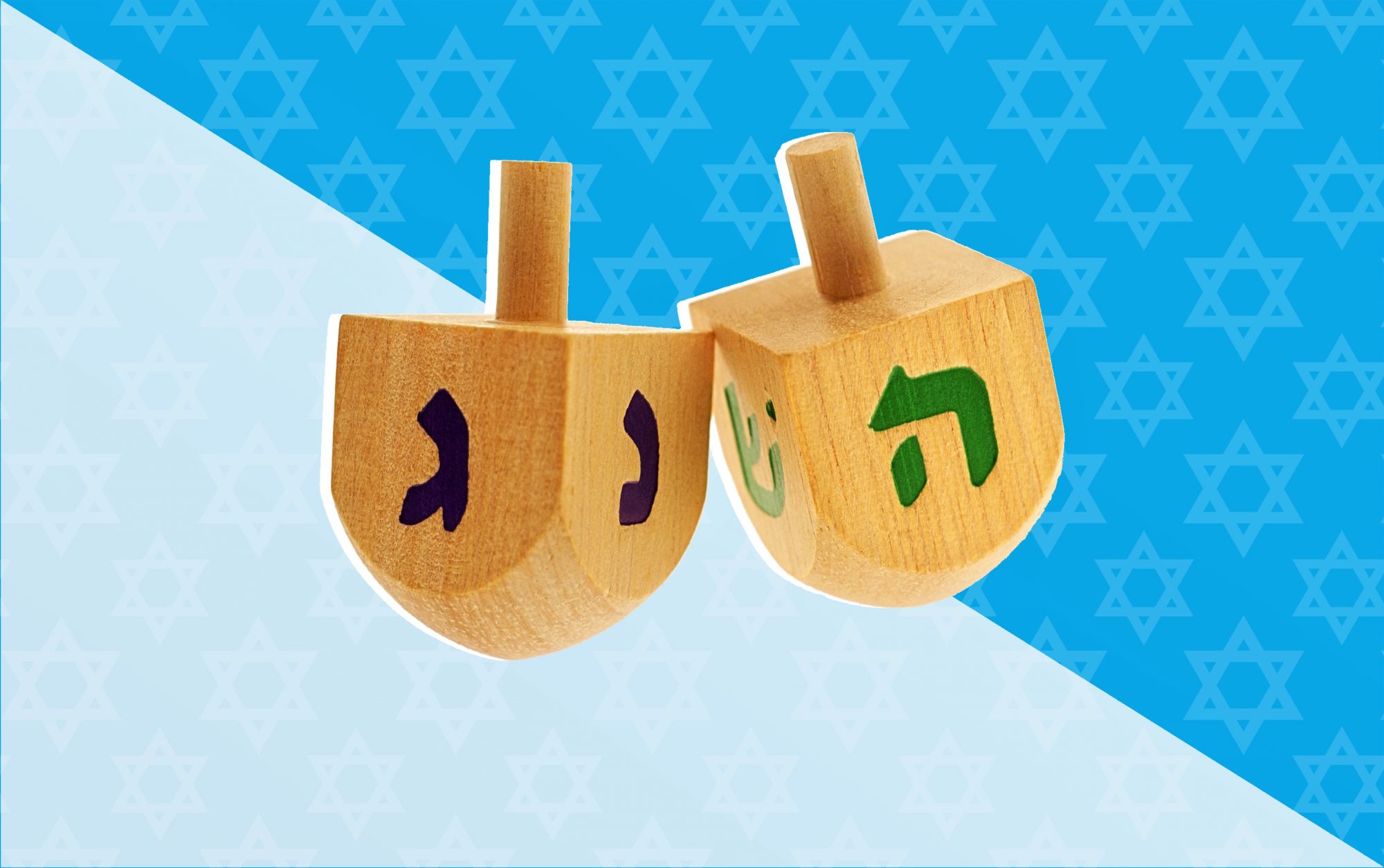 Hanukkah dreidel on a colored star of David pattern background