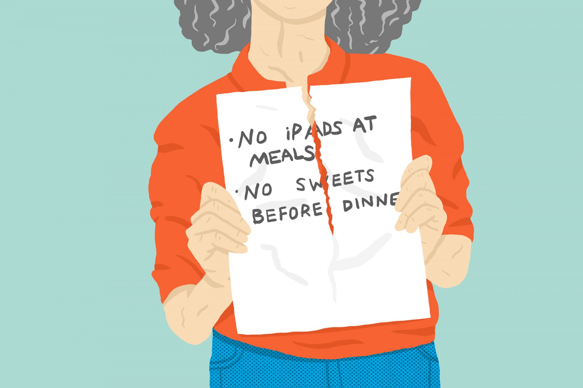 Illustration of a grandparent ripping a rule list