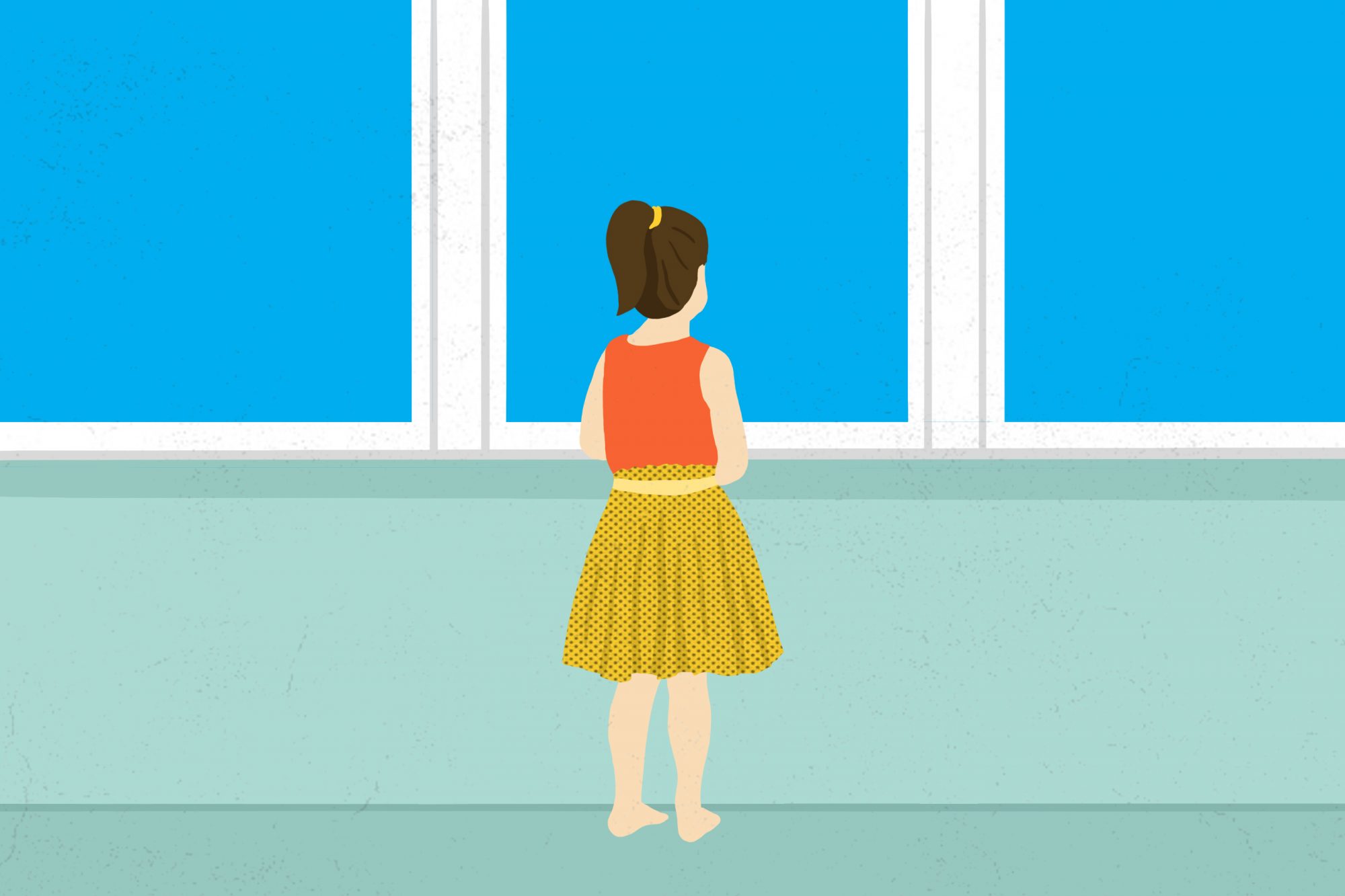 Illustration of child staring out windows