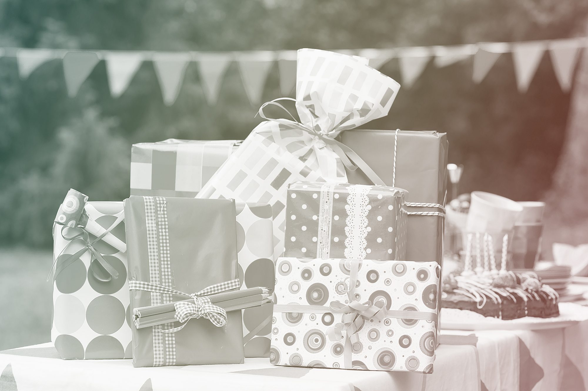 Birthday presents on garden table