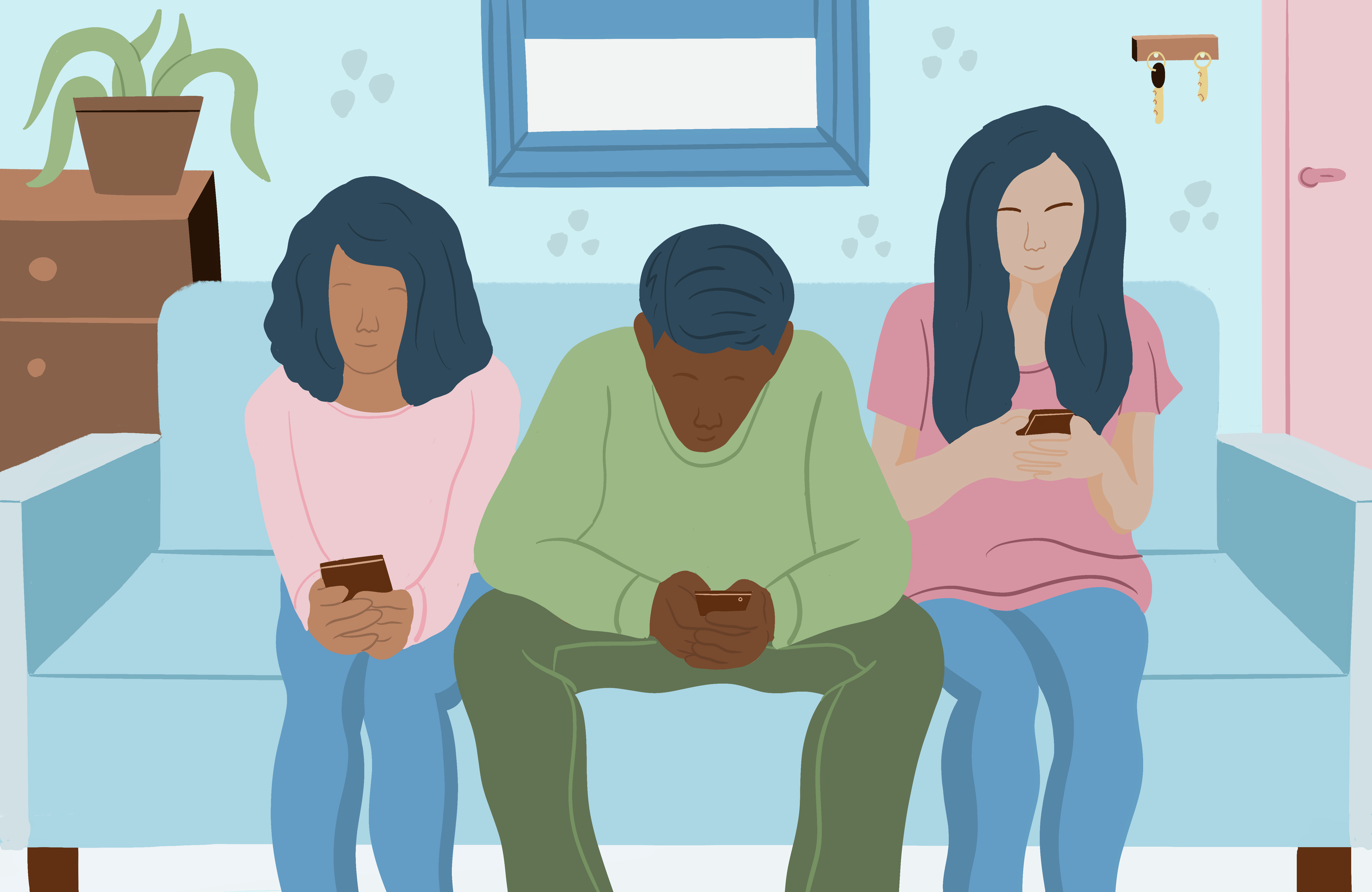 Illustration of teens addicted to phones