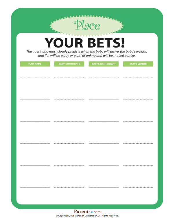 Free Printable Baby Shower Game Place Your Bets