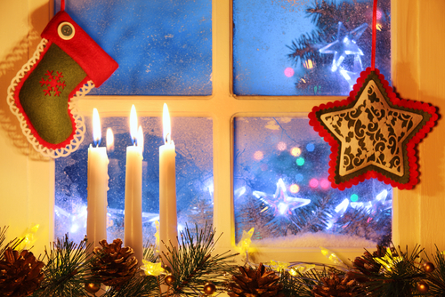 Frosted window with Christmas decoration